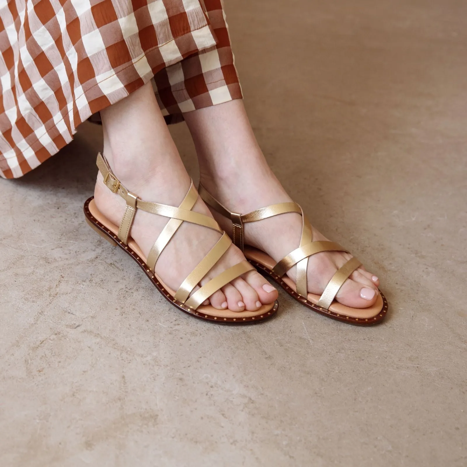 Athena: Gold Leather Strappy Sandals