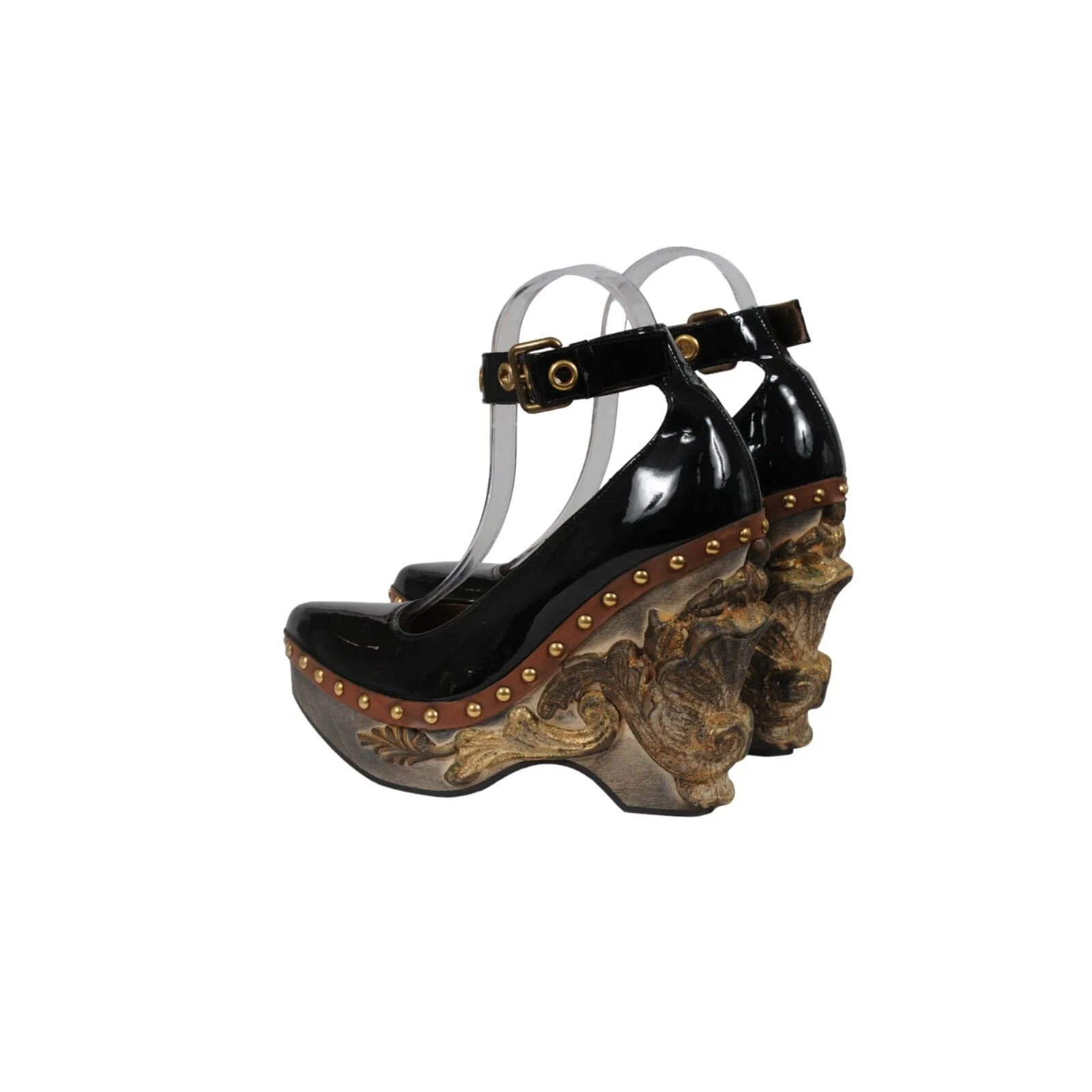 Baroque Venice Runway Wedge Heels US 7 IT 37 Black Patent Leather