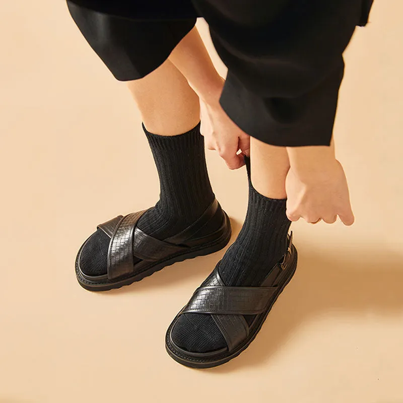 BeauToday Leather Cross Over Strap Back Chunky Sandals