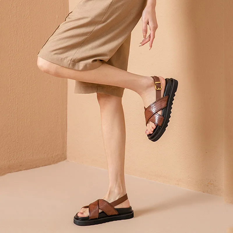 BeauToday Leather Cross Over Strap Back Chunky Sandals