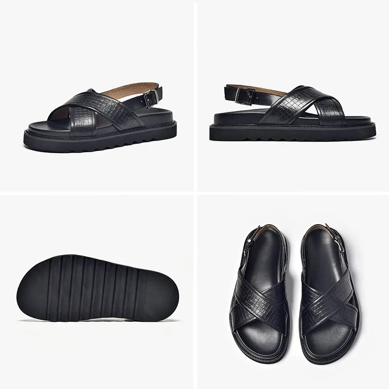 BeauToday Leather Cross Over Strap Back Chunky Sandals