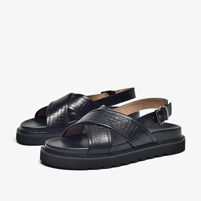 BeauToday Leather Cross Over Strap Back Chunky Sandals