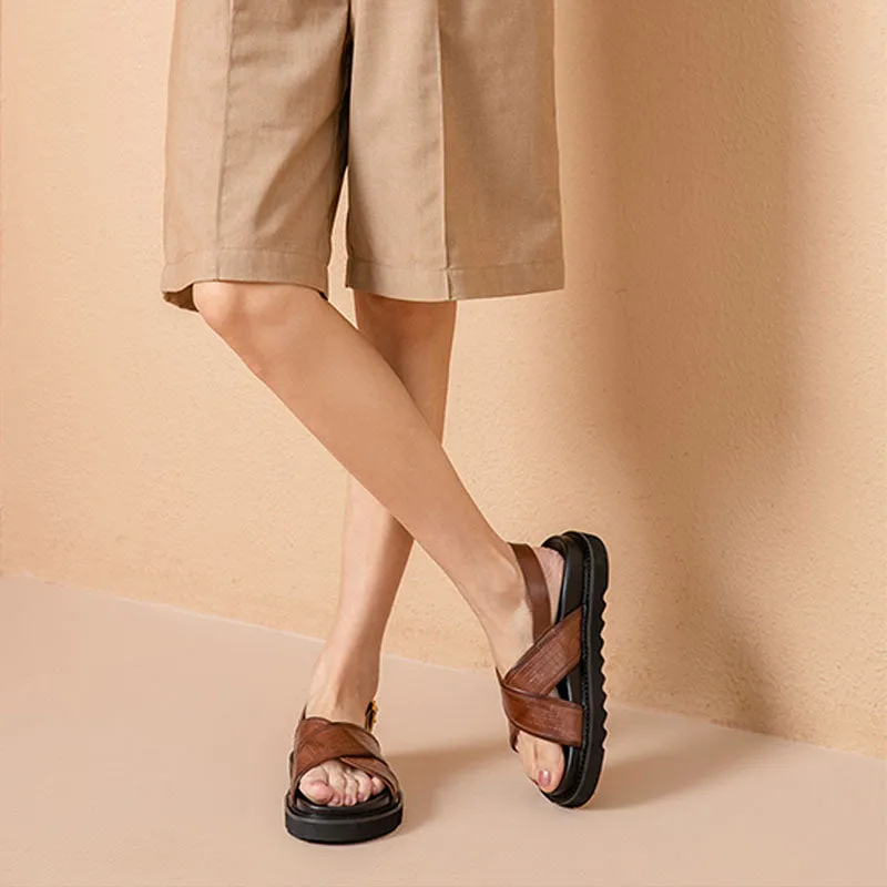 BeauToday Leather Cross Over Strap Back Chunky Sandals