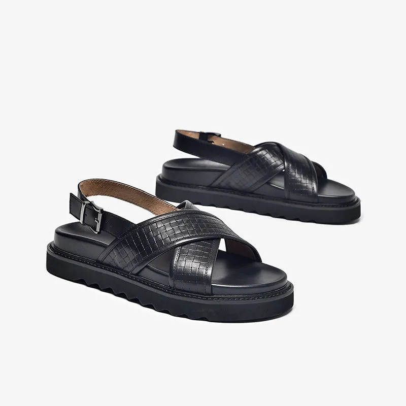 BeauToday Leather Cross Over Strap Back Chunky Sandals