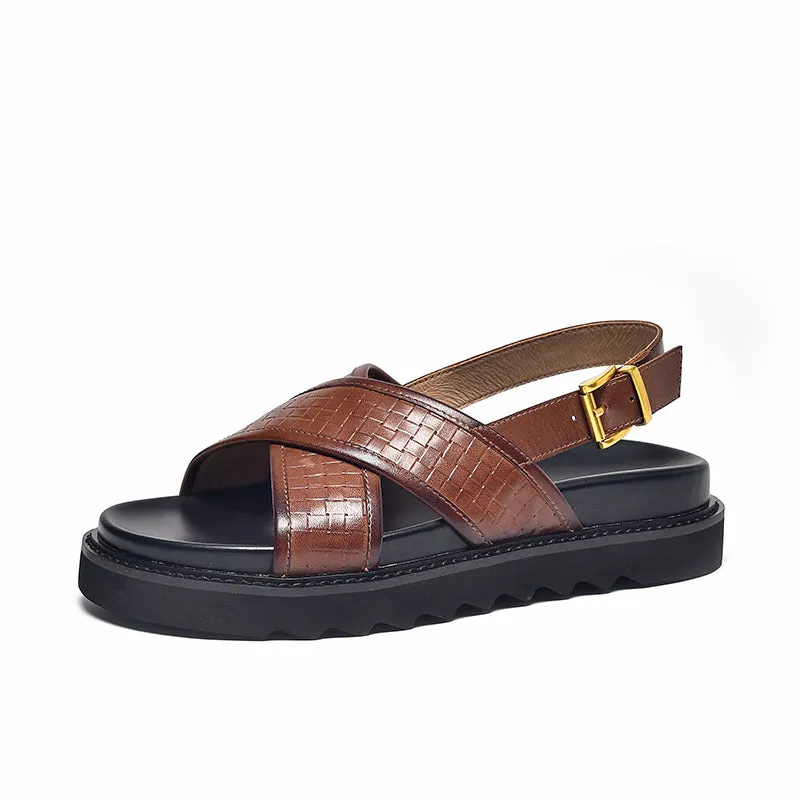 BeauToday Leather Cross Over Strap Back Chunky Sandals