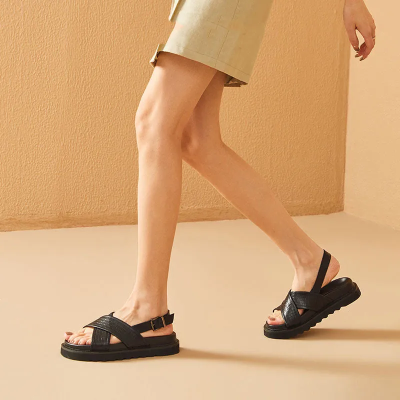 BeauToday Leather Cross Over Strap Back Chunky Sandals