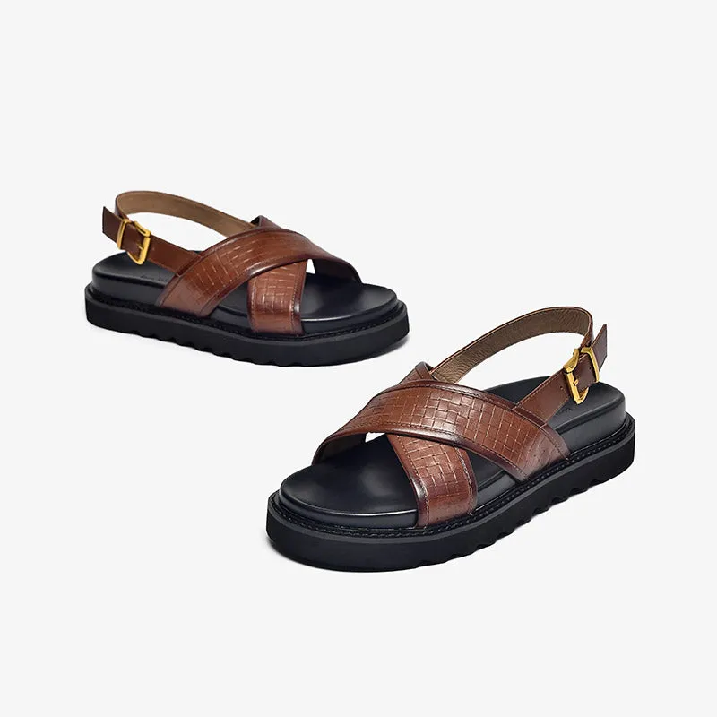 BeauToday Leather Cross Over Strap Back Chunky Sandals