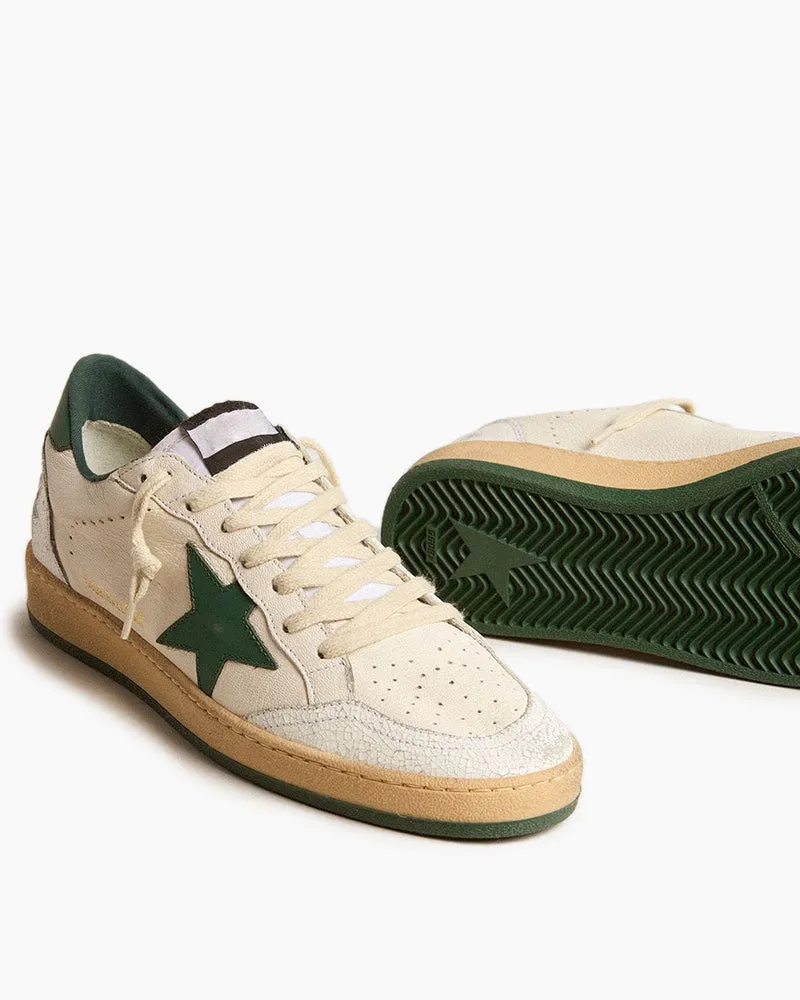 Best Wishes White Nappa Leather Sneakers with Green Leather Star and Heel Tab