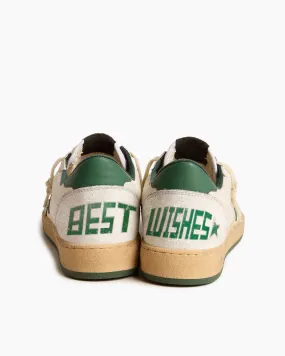 Best Wishes White Nappa Leather Sneakers with Green Leather Star and Heel Tab