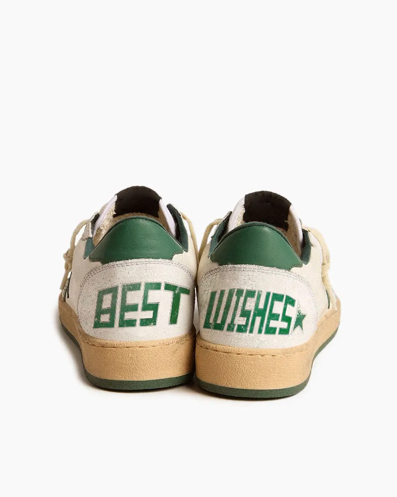 Best Wishes White Nappa Leather Sneakers with Green Leather Star and Heel Tab