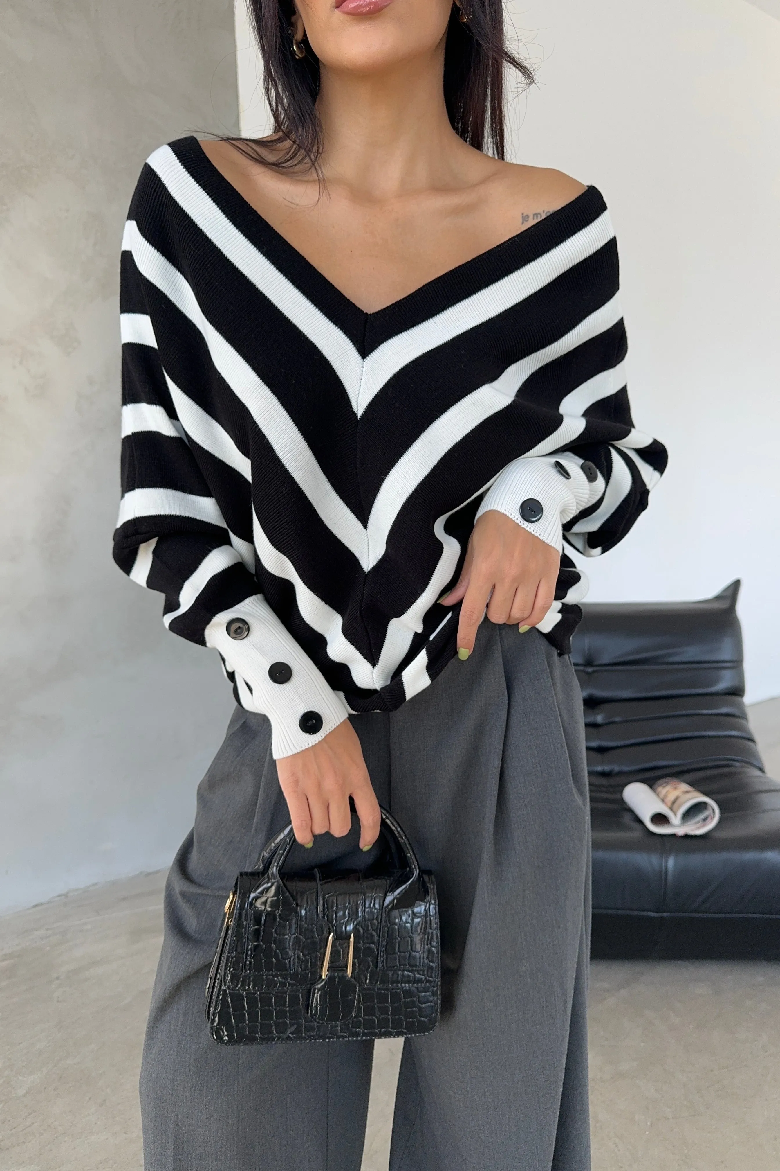 Black Off-Shoulder Striped Knit Sweater with Button Details