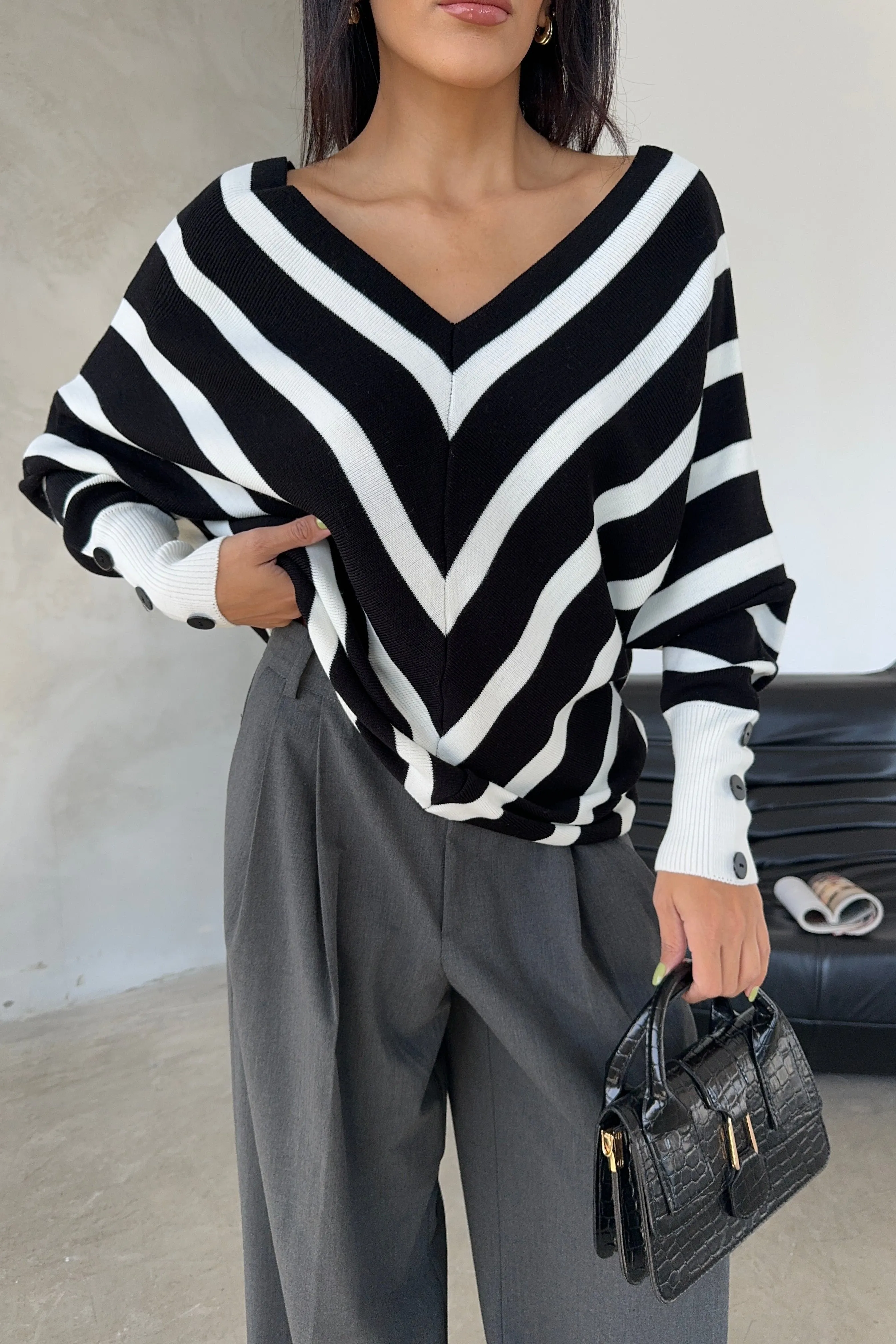 Black Off-Shoulder Striped Knit Sweater with Button Details