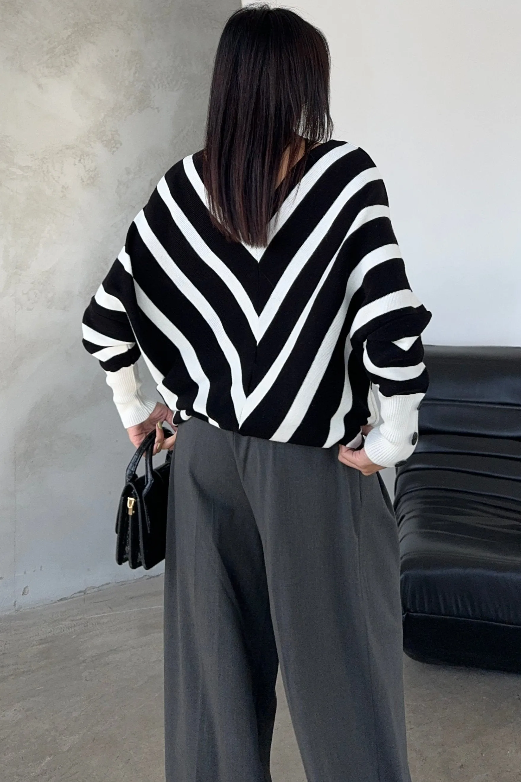 Black Off-Shoulder Striped Knit Sweater with Button Details