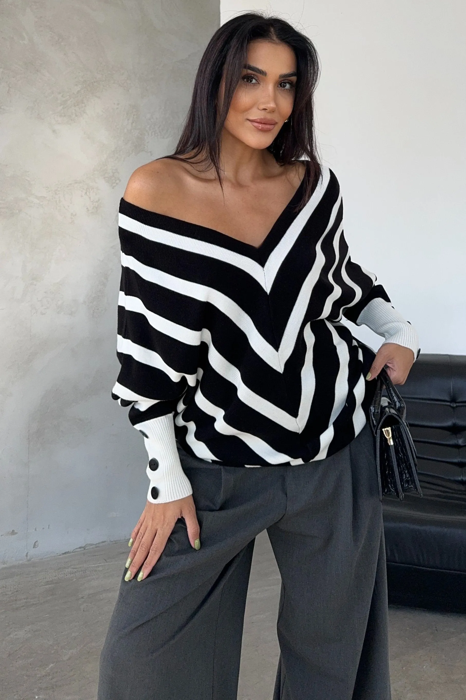 Black Off-Shoulder Striped Knit Sweater with Button Details