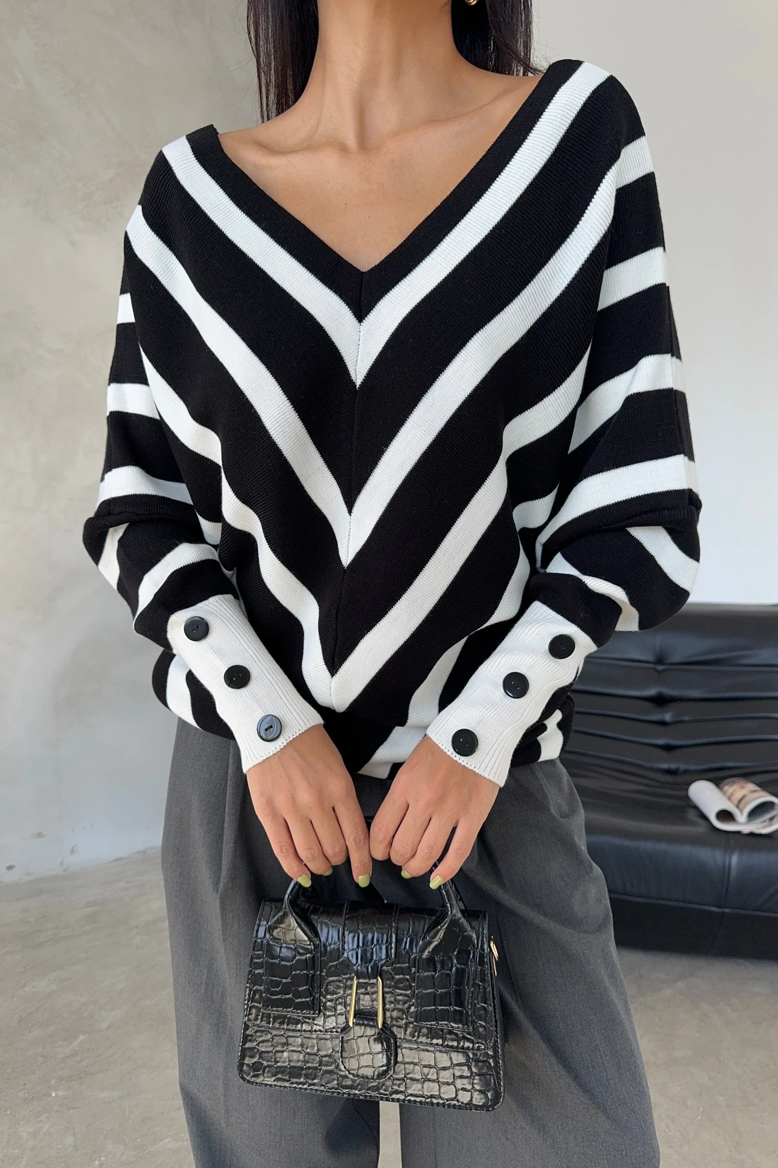 Black Off-Shoulder Striped Knit Sweater with Button Details