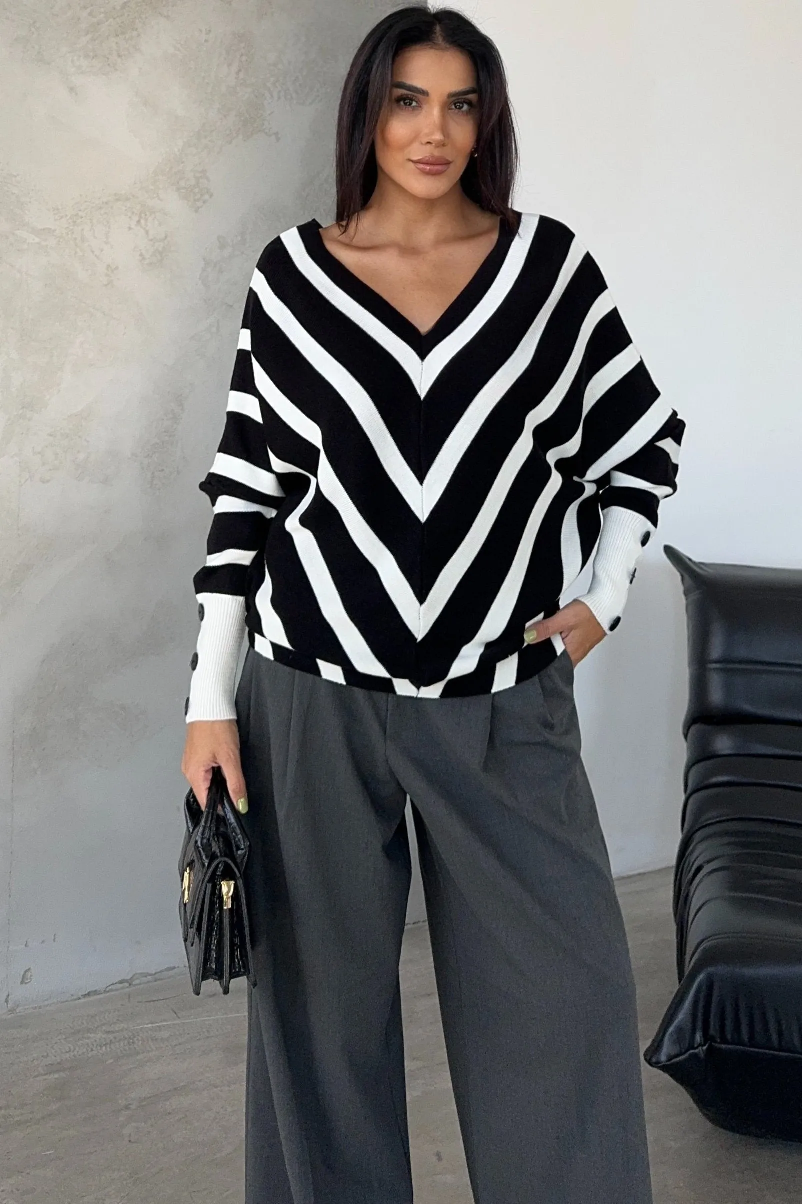Black Off-Shoulder Striped Knit Sweater with Button Details