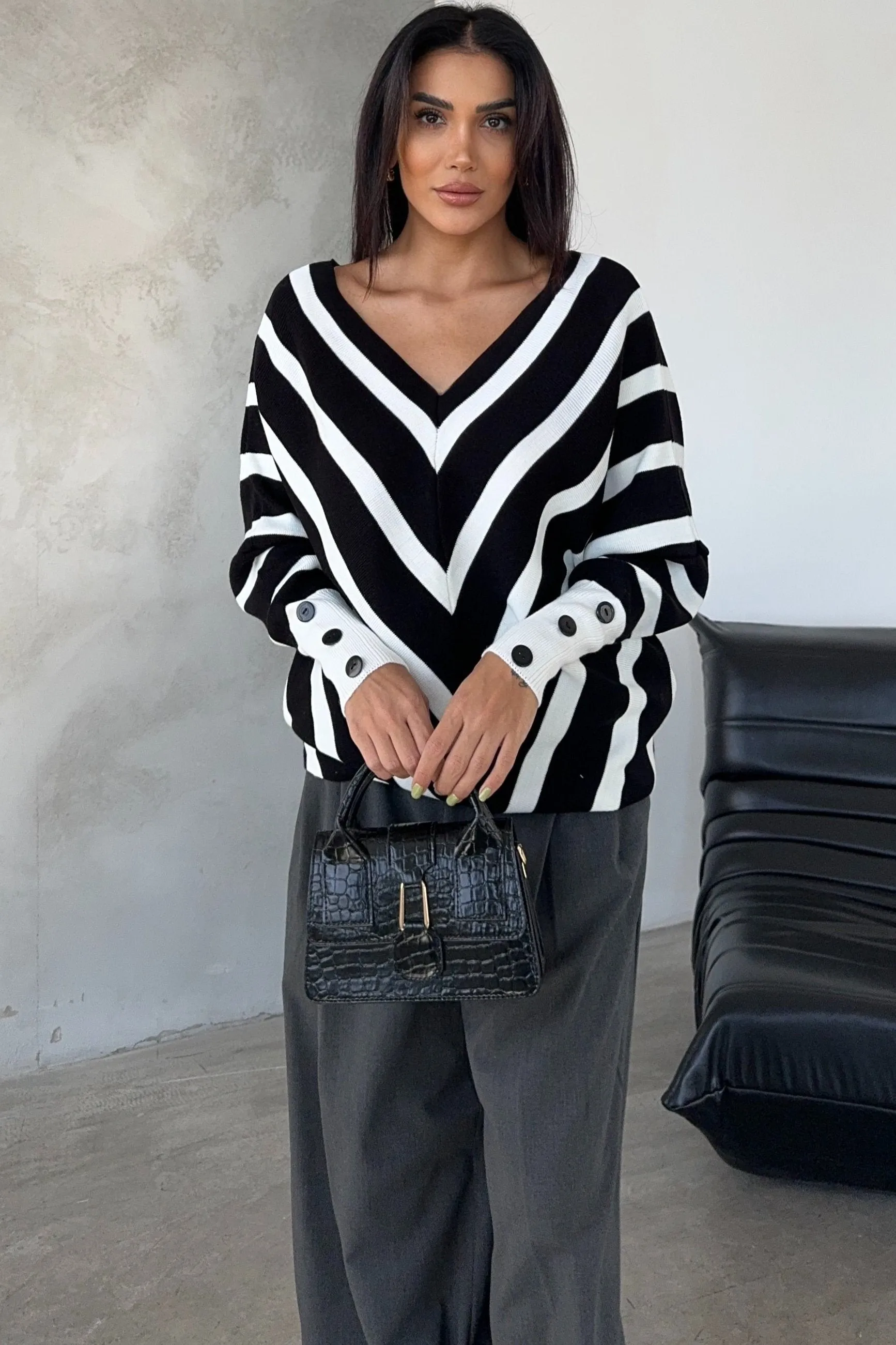Black Off-Shoulder Striped Knit Sweater with Button Details
