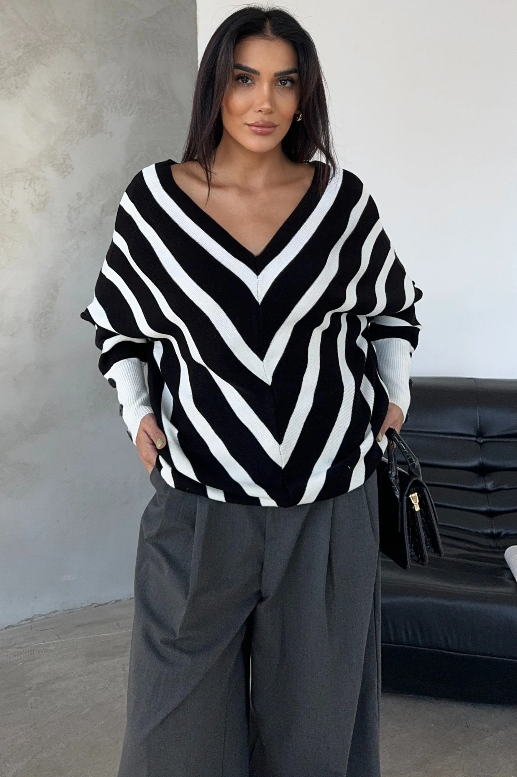Black Off-Shoulder Striped Knit Sweater with Button Details