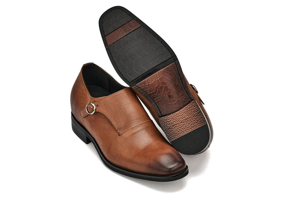 CALTO - Y1181 - 3.2 Inches Taller (Sand Brown) - Lightweight Monk Strap Slip-On Dress Shoes