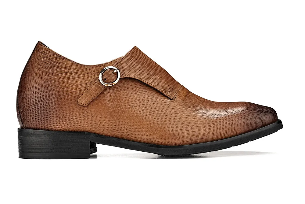 CALTO - Y1181 - 3.2 Inches Taller (Sand Brown) - Lightweight Monk Strap Slip-On Dress Shoes