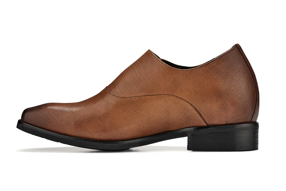 CALTO - Y1181 - 3.2 Inches Taller (Sand Brown) - Lightweight Monk Strap Slip-On Dress Shoes