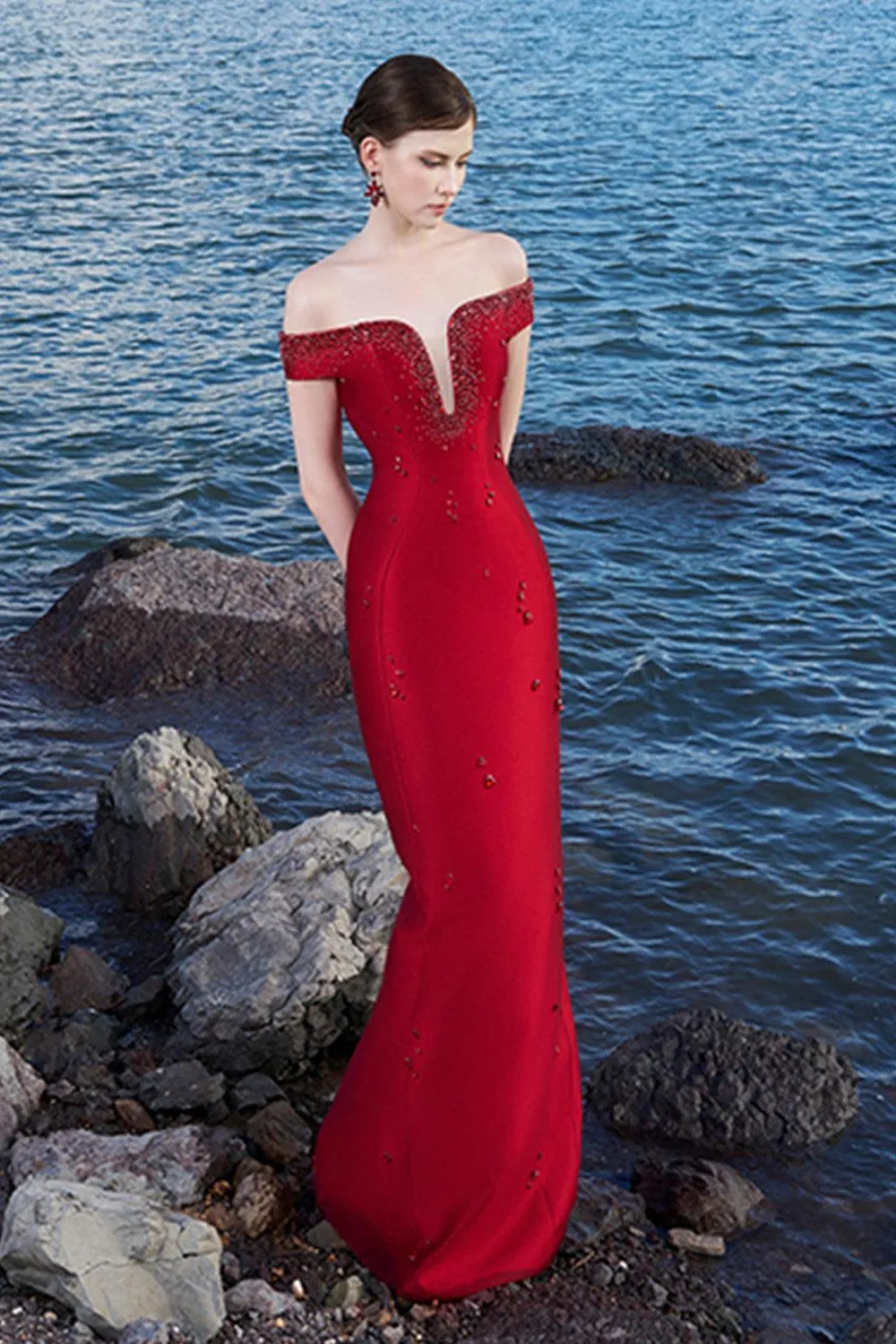 Clarke Sheath Off-Shoulder Taffeta Floor Length Dress