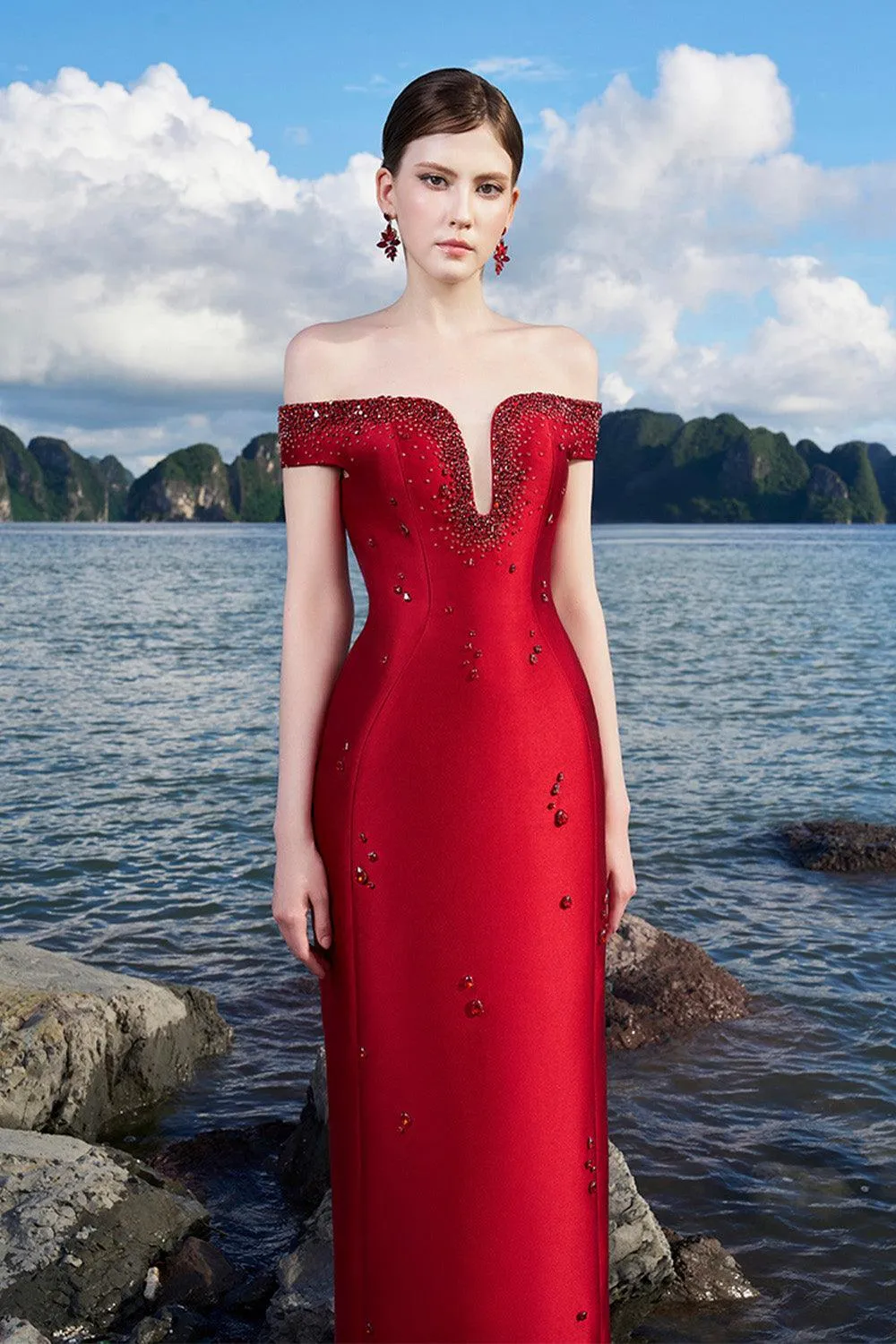 Clarke Sheath Off-Shoulder Taffeta Floor Length Dress