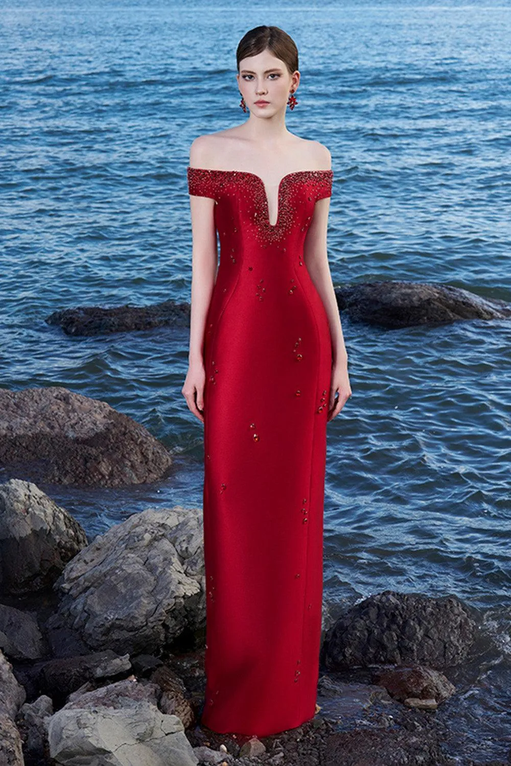 Clarke Sheath Off-Shoulder Taffeta Floor Length Dress
