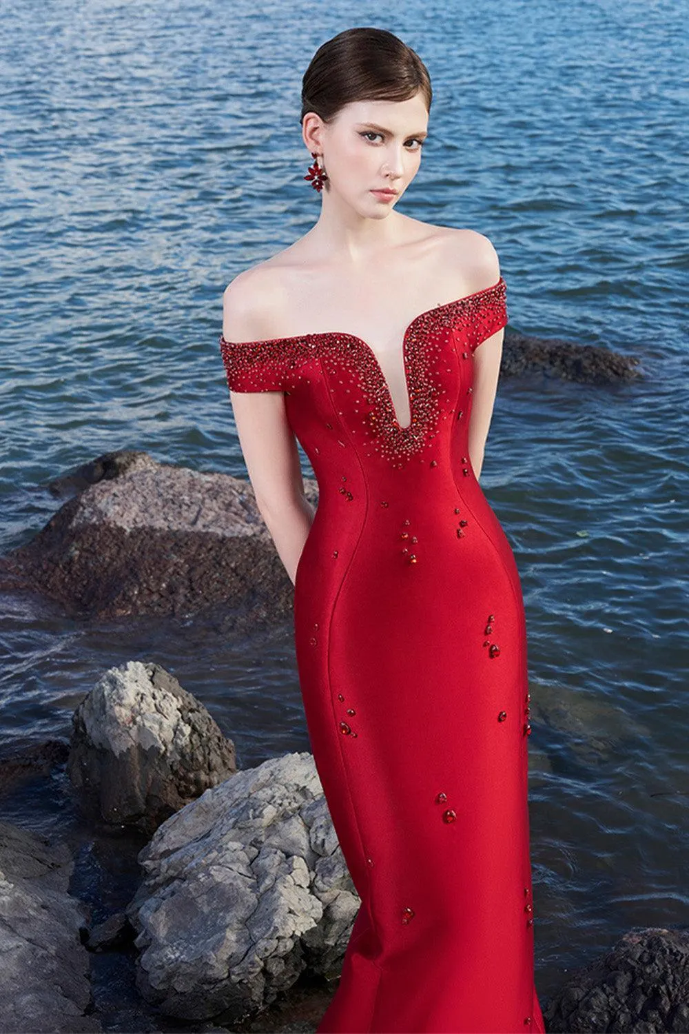 Clarke Sheath Off-Shoulder Taffeta Floor Length Dress