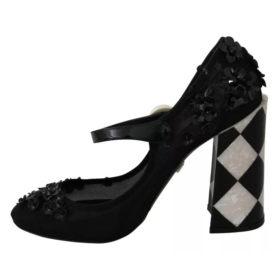 Dolce & Gabbana Black Floral Embellish Heels Mary Janes Pumps Shoes