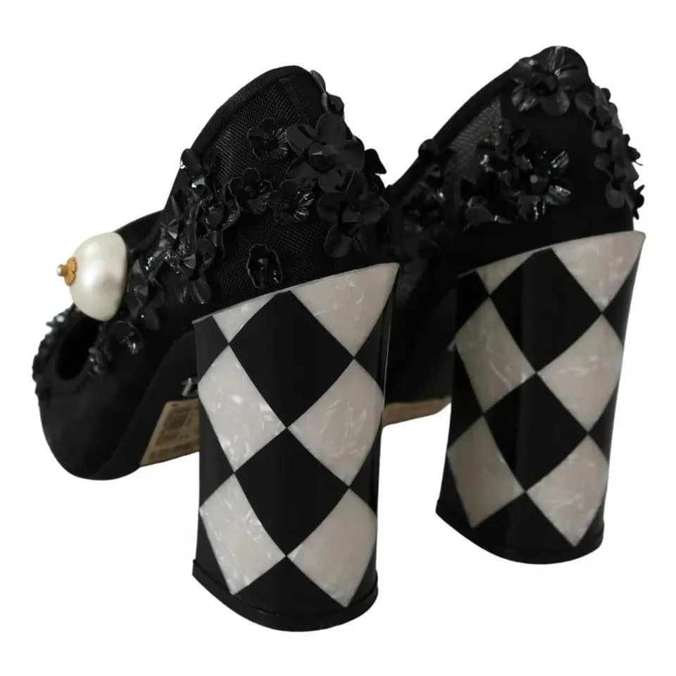 Dolce & Gabbana Black Floral Embellish Heels Mary Janes Pumps Shoes