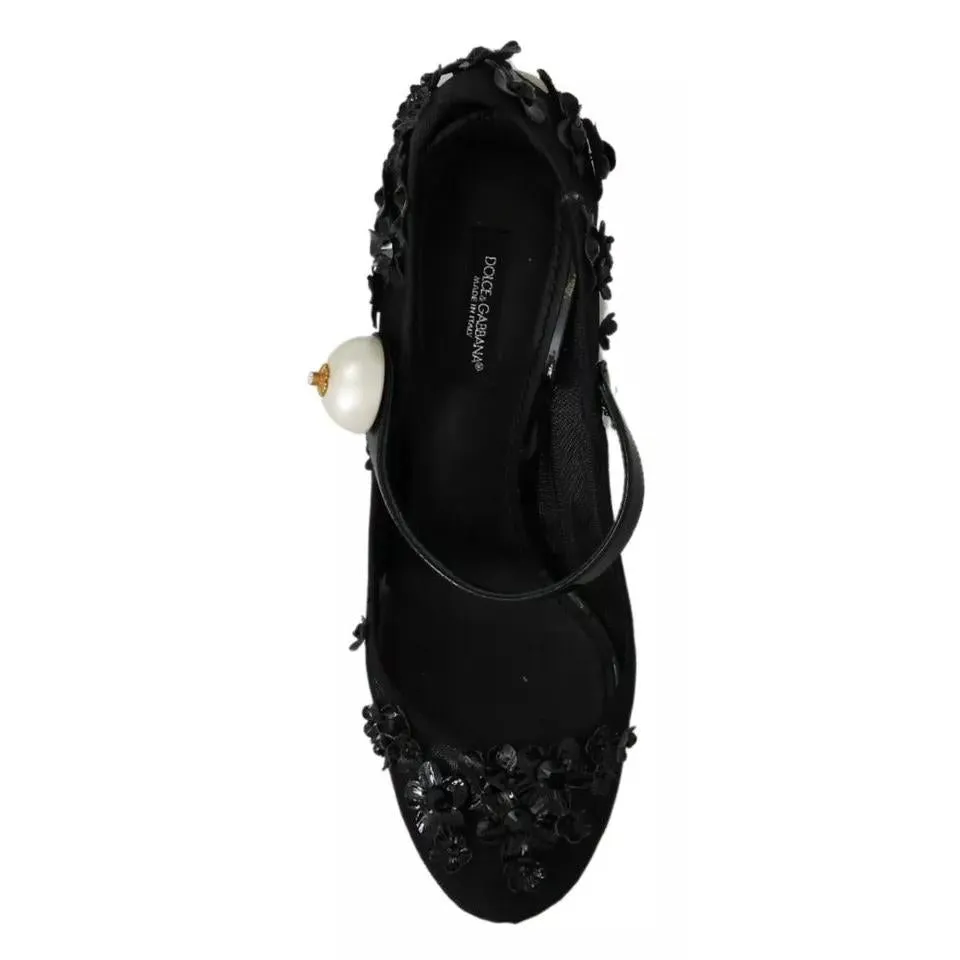 Dolce & Gabbana Black Floral Embellish Heels Mary Janes Pumps Shoes
