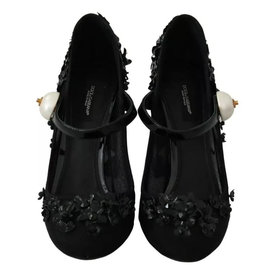 Dolce & Gabbana Black Floral Embellish Heels Mary Janes Pumps Shoes