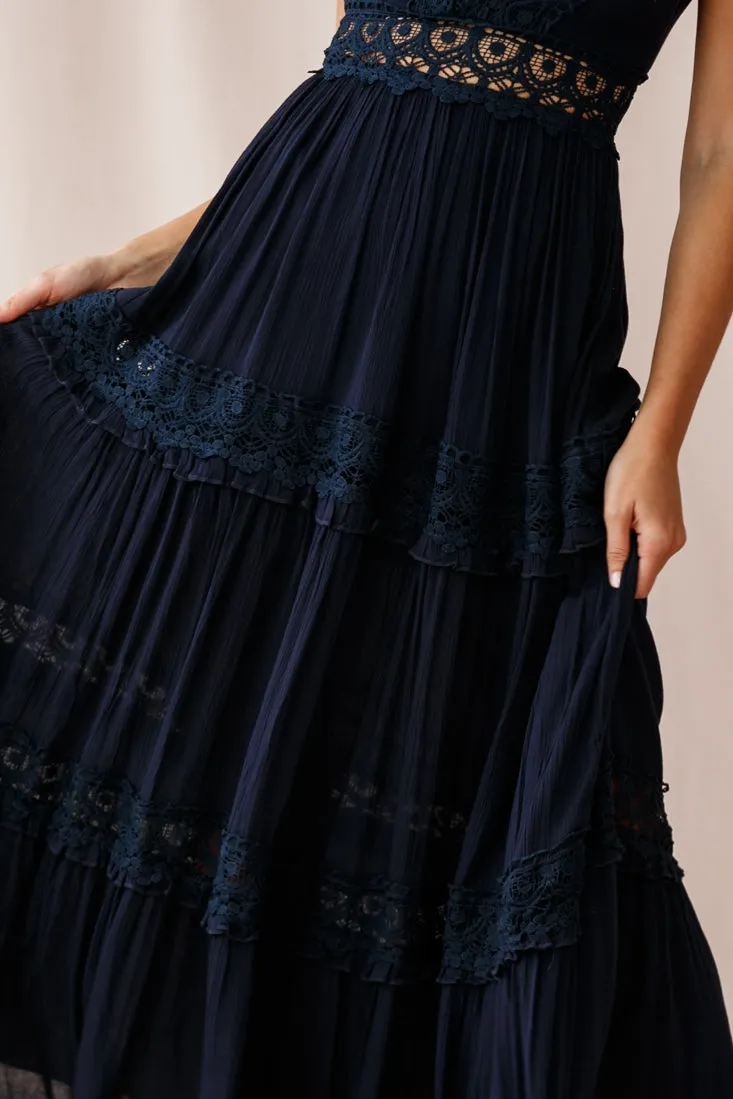 Indio Crochet Insert Deep V-Neckline Maxi Dress Navy