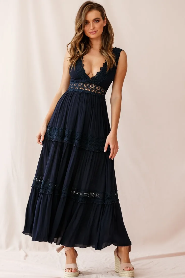 Indio Crochet Insert Deep V-Neckline Maxi Dress Navy