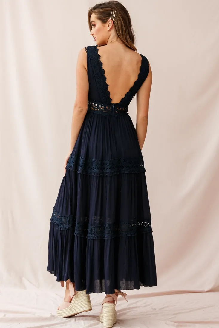 Indio Crochet Insert Deep V-Neckline Maxi Dress Navy