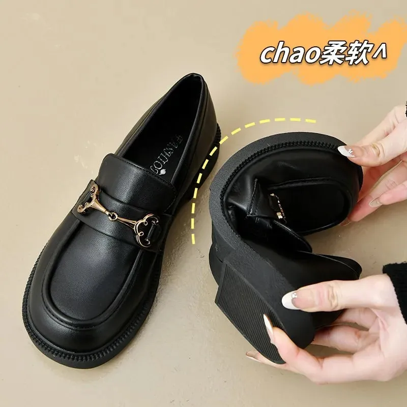 Joskaa Women Shoes Ladies Flat Fashion Vintage British Leather Oxford Loafers  Comfy Casual Shallow Flats Gold Logo