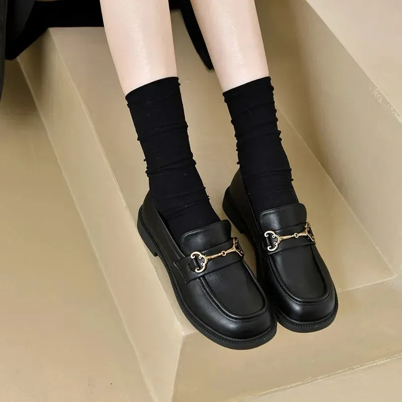 Joskaa Women Shoes Ladies Flat Fashion Vintage British Leather Oxford Loafers  Comfy Casual Shallow Flats Gold Logo