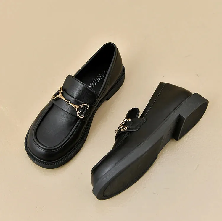 Joskaa Women Shoes Ladies Flat Fashion Vintage British Leather Oxford Loafers  Comfy Casual Shallow Flats Gold Logo