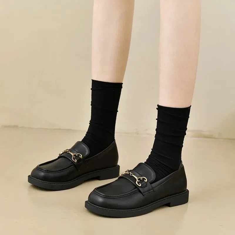 Joskaa Women Shoes Ladies Flat Fashion Vintage British Leather Oxford Loafers  Comfy Casual Shallow Flats Gold Logo