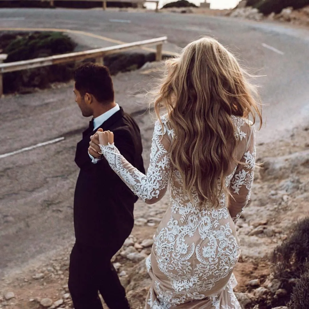 Lace Boho Wedding Dresses Mermaid Long Sleeve Rustic Bridal Gown TN251