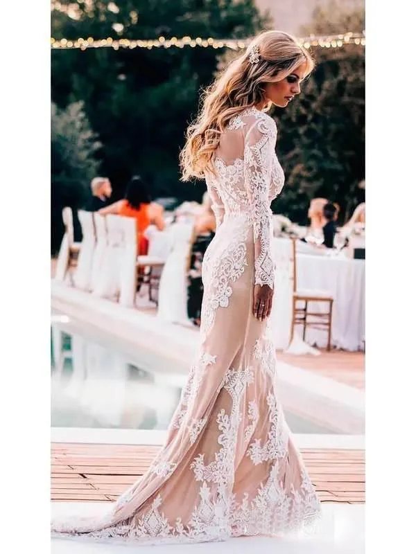 Lace Boho Wedding Dresses Mermaid Long Sleeve Rustic Bridal Gown TN251