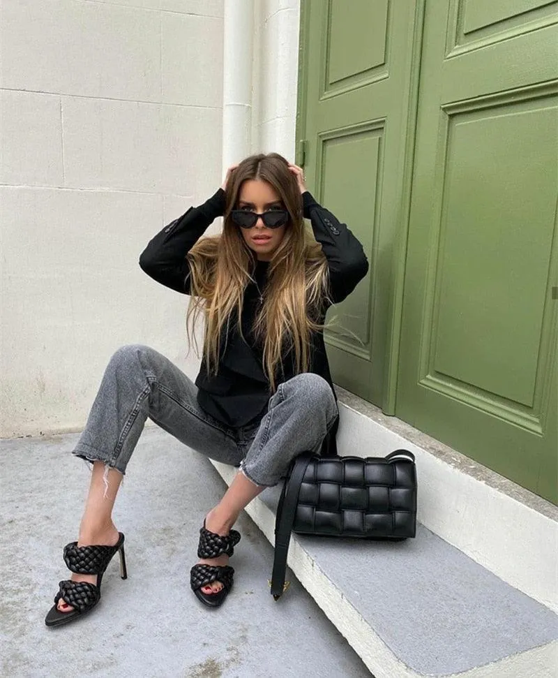 Leather Braided High Heel Runway Sandals