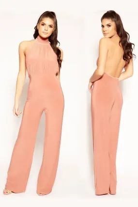 Lenax - Nude Pleated Halterneck Backless Jumpsuit