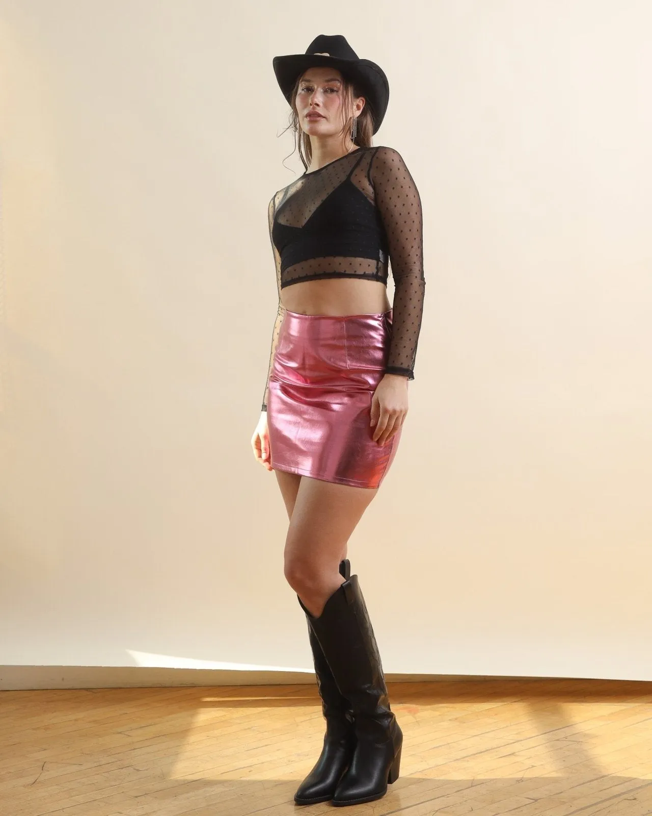 Metallic Pink High Waisted Faux Leather Mini Skirt