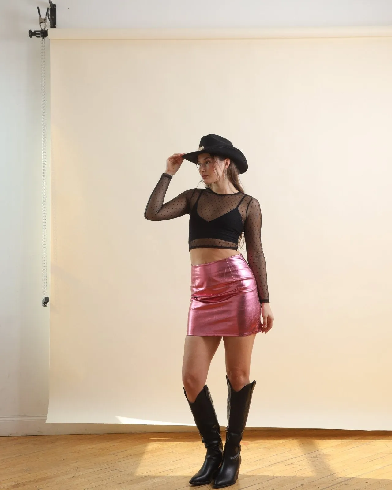 Metallic Pink High Waisted Faux Leather Mini Skirt
