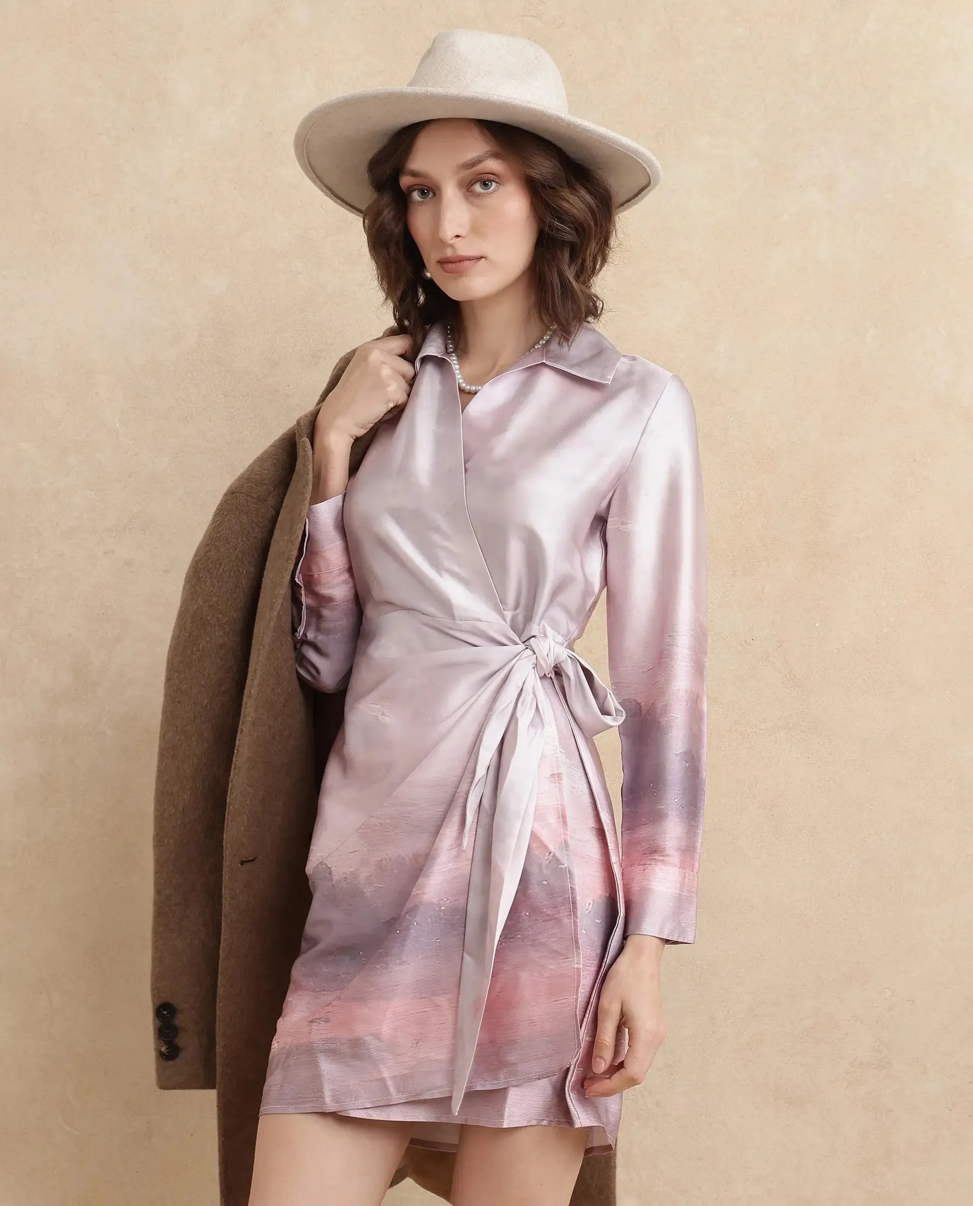 Rareism Women Qert Dusky Multi Cuffed Sleeve Johnny Collar Straight Fit Maxi Abstract Print Dress