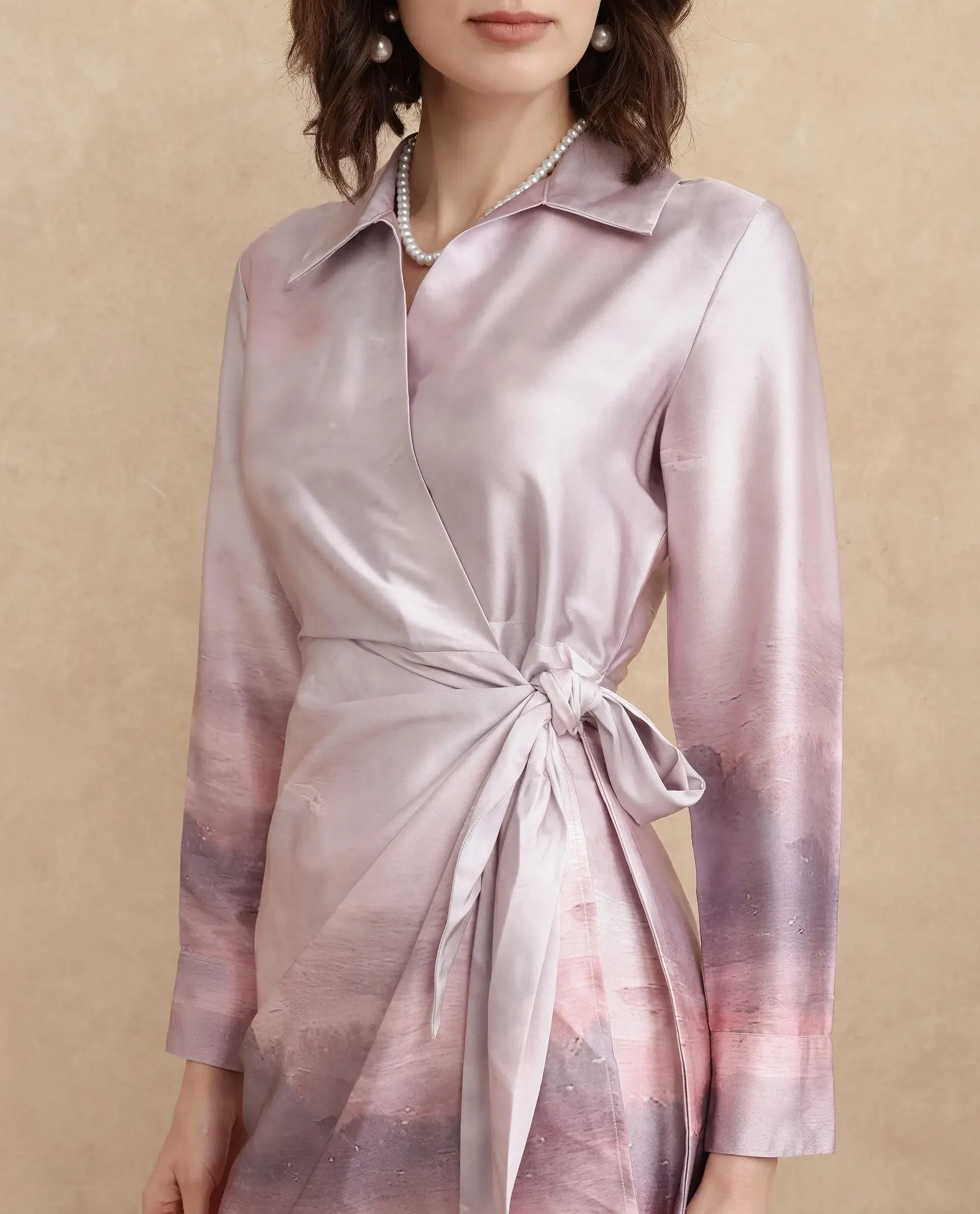 Rareism Women Qert Dusky Multi Cuffed Sleeve Johnny Collar Straight Fit Maxi Abstract Print Dress