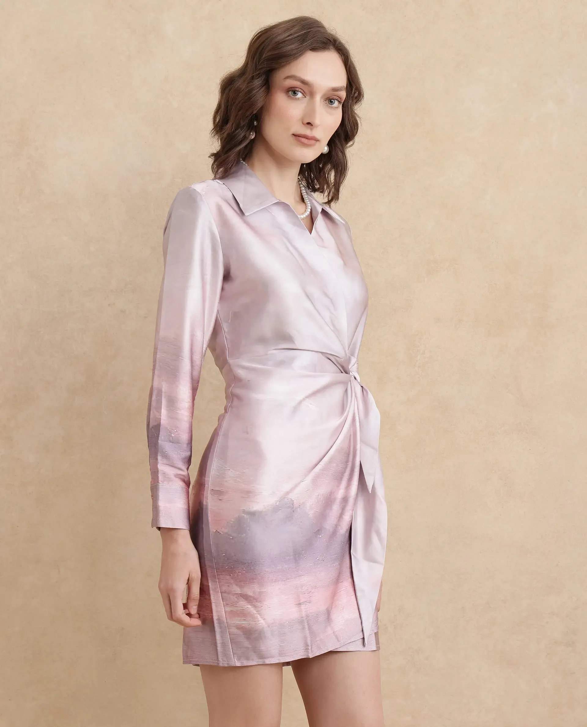 Rareism Women Qert Dusky Multi Cuffed Sleeve Johnny Collar Straight Fit Maxi Abstract Print Dress