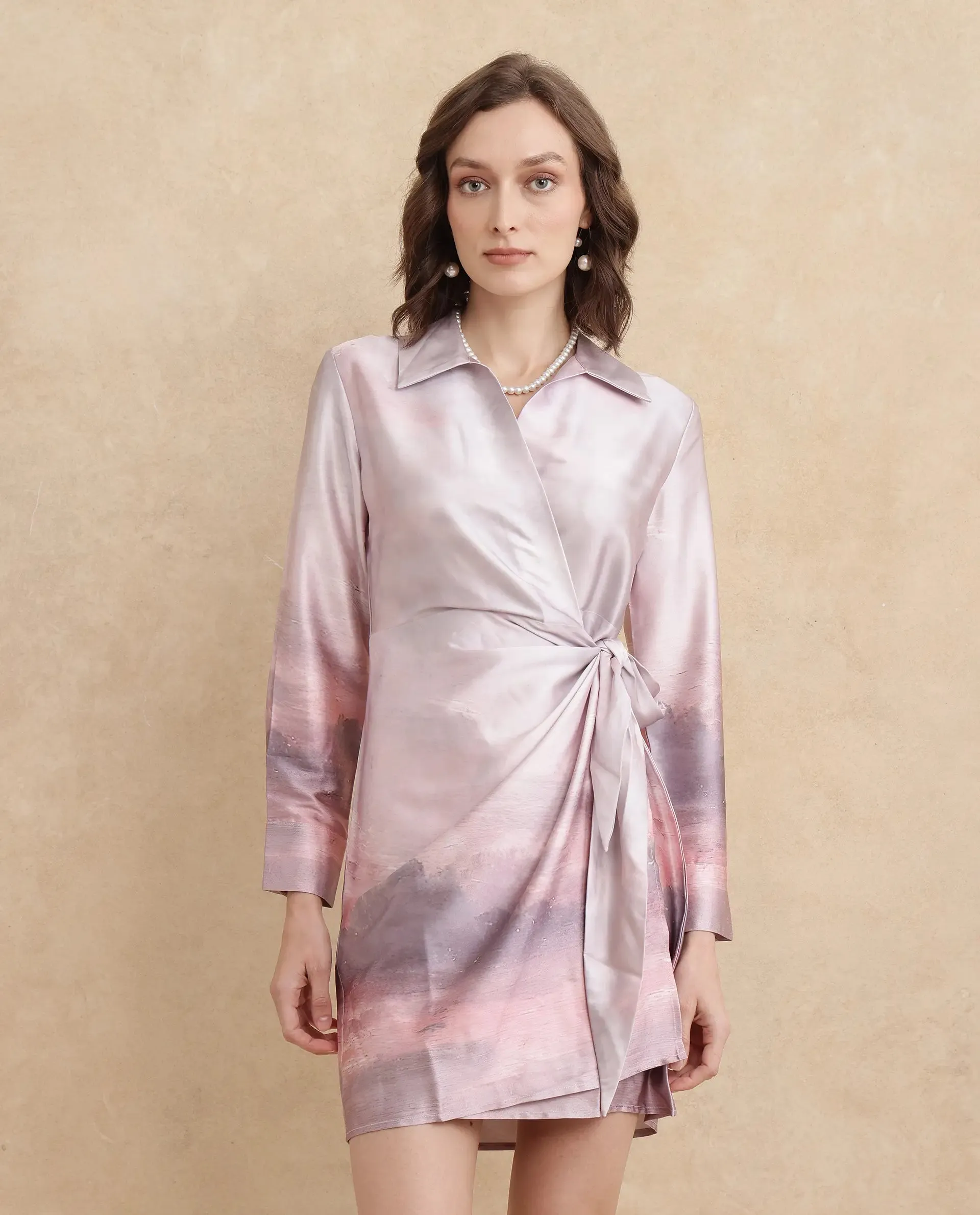 Rareism Women Qert Dusky Multi Cuffed Sleeve Johnny Collar Straight Fit Maxi Abstract Print Dress